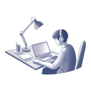 A lone individual sitting at a desk. The person is wearing headphones, indicating they are immersed in their work. The individual is gazing intently at a laptop screen, with fingers poised over the keyboard. The desk is cluttered with various items such as notebooks, pens, and a cup, adding to the sense of a personal workspace. Light from a nearby lamp casts shadows across the desk, creating a focused atmosphere.
