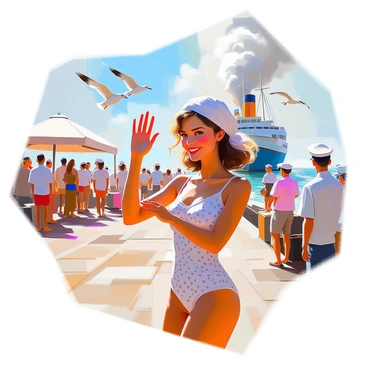 A pin-up girl with bright red lipstick and a playful smile is waving goodbye as she stands on a bustling dock. She is wearing a classic polka-dot swimsuit with a matching headscarf, and her hair is styled in soft waves. The dock is lively with various people, including sailors and families, creating an energetic atmosphere. In the background, a large steamship is pulling away from the dock, releasing clouds of white smoke from its stack. The scene is filled with details like luggage being loaded onto the ship and seagulls flying overhead. Sunlight illuminates the scene, casting gentle shadows on the wooden planks of the dock.