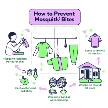 An informative infographic that illustrates various methods to prevent mosquito bites. At the top, there is a bold title in the center that reads "How to Prevent Mosquito Bites". Below the title, there are several visual sections, each featuring distinct imagery. 

On the left side, there is a depiction of a person applying mosquito repellent spray to exposed skin. Next to this, there is an illustration of a mosquito net draped over a bed, highlighting its use. In the center, there are images of various long-sleeved clothing options, including a shirt and pants to provide coverage. 

To the right, there is an illustration of a backyard with a well-maintained lawn and no standing water, symbolizing mosquito breeding prevention. At the bottom, there are visual cues about using fans or air conditioning to deter mosquitoes. Each section is clearly labeled with green arrows pointing towards them, enhancing the educational aspect of the infographic.