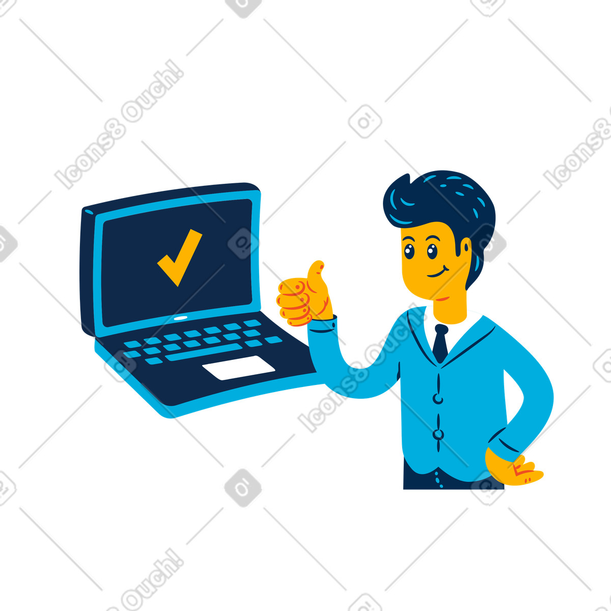 下载 Flame 风格的 商人在屏幕上的勾号旁边竖起大拇指 插画，支持 PNG、SVG 格式