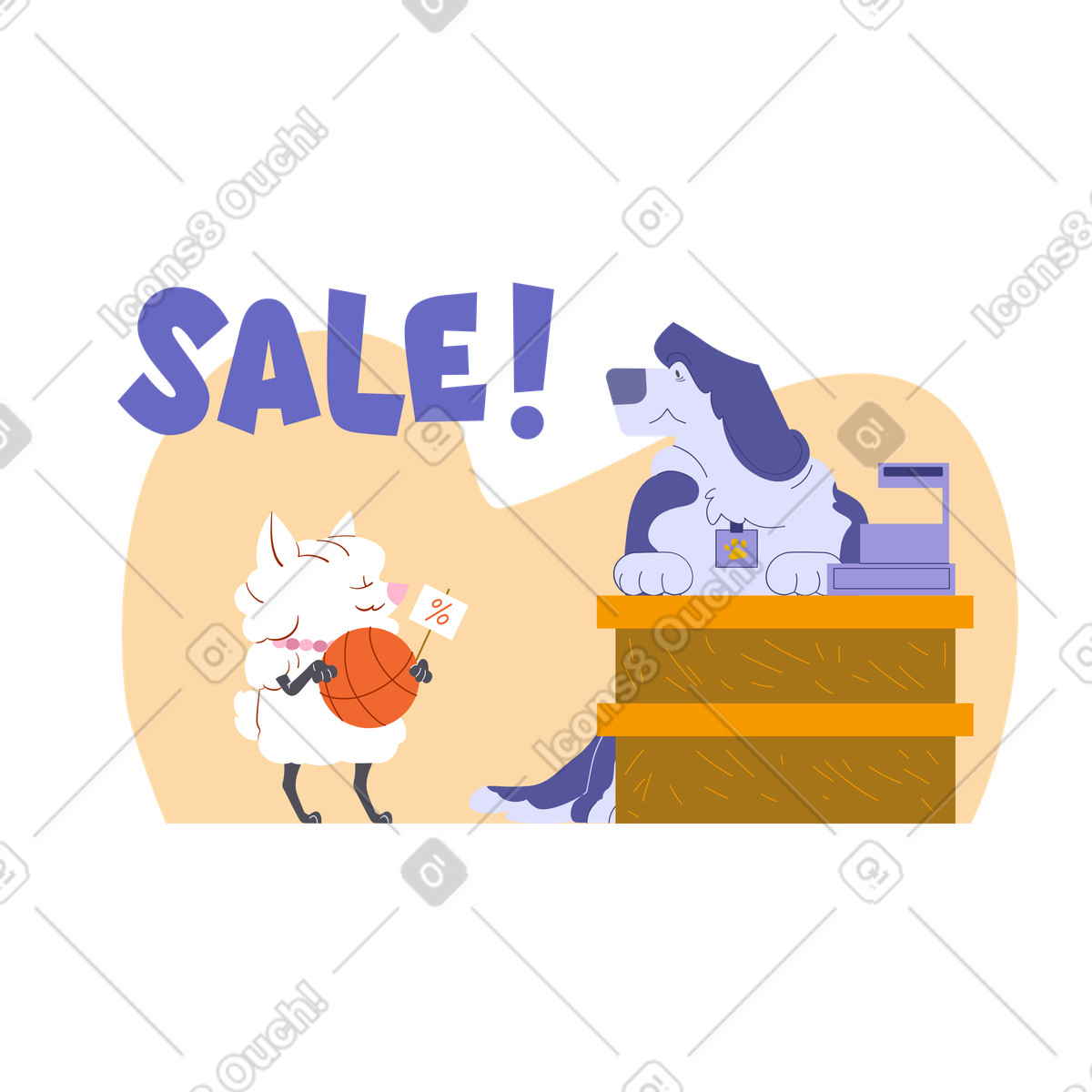 Testo di vendita e cane che comprano una palla nel negozio illustrazione in stile Woof scarica in PNG, SVG