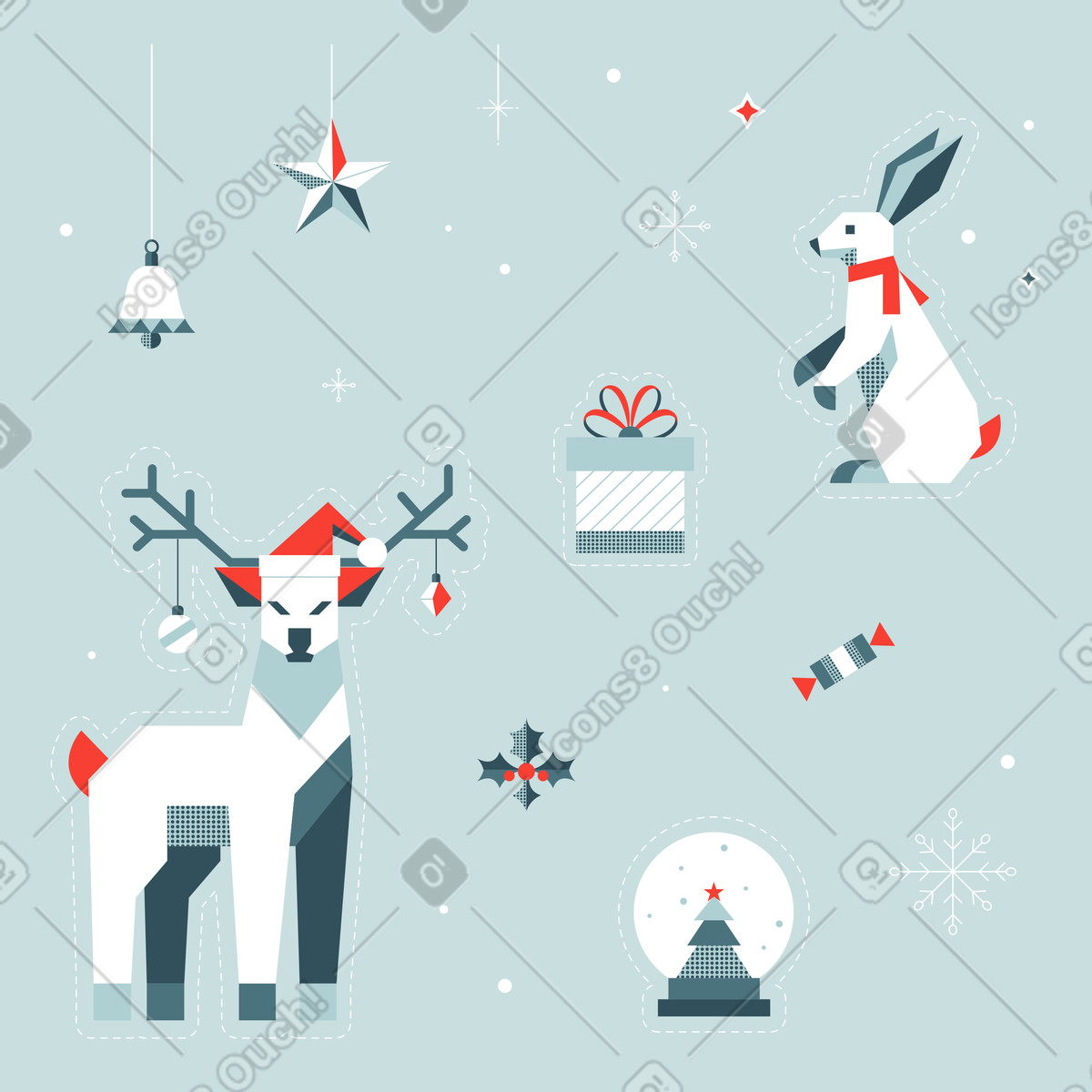 Ilustración Pack de pegatinas con renos y conejos en estilo Nordic a descargar en PNG SVG