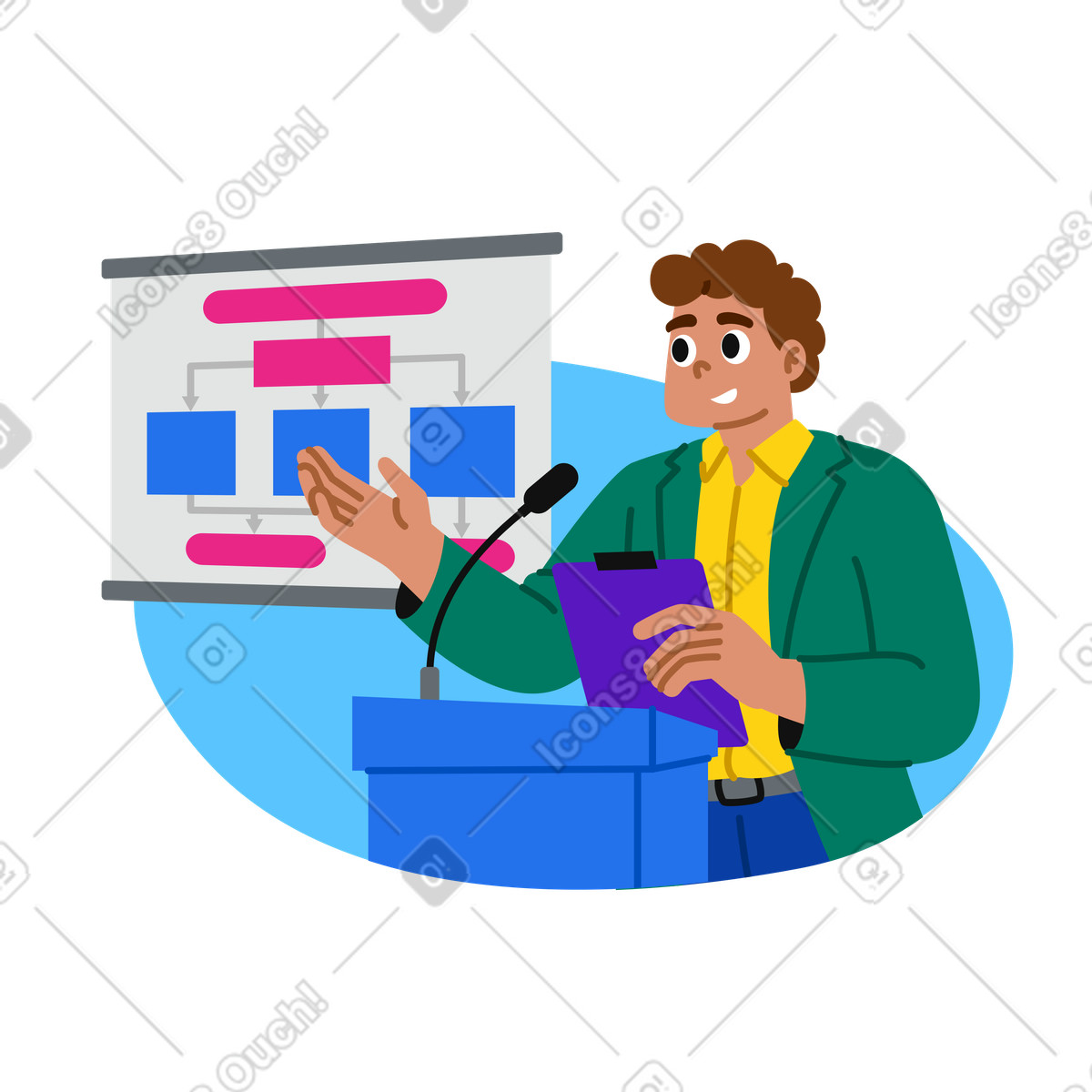 Uomo che fa una presentazione con il diagramma di flusso illustrazione animata in stile Active scaricabile in GIF, Lottie (JSON), AE