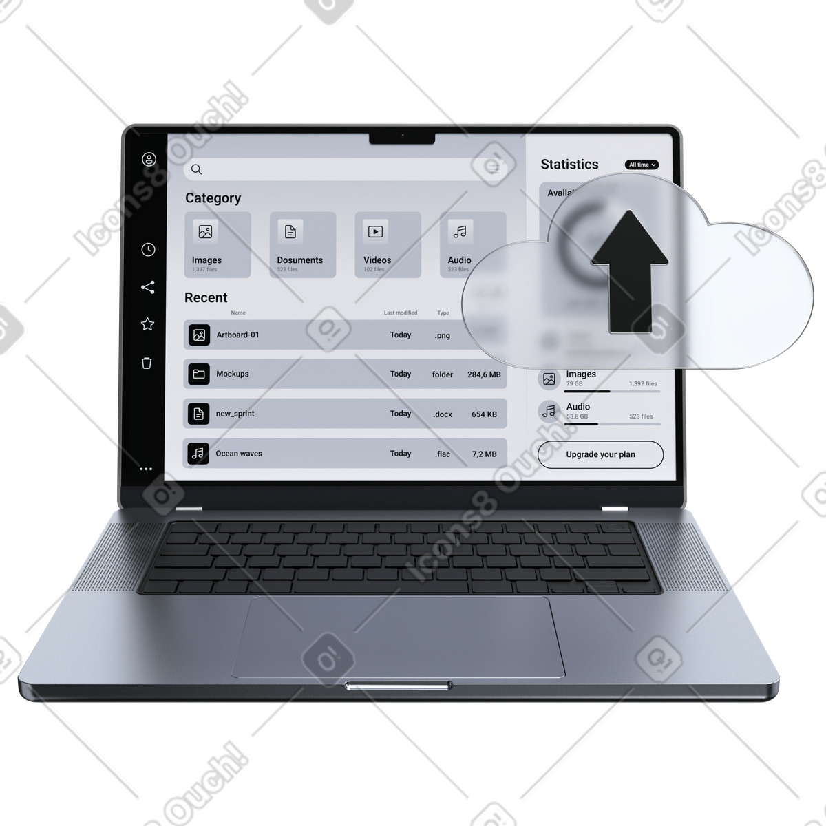 Interfaccia di gestione dei file sul laptop, backup dati online e archiviazione cloud illustrazione in stile 3D Pro scarica in PNG, SVG