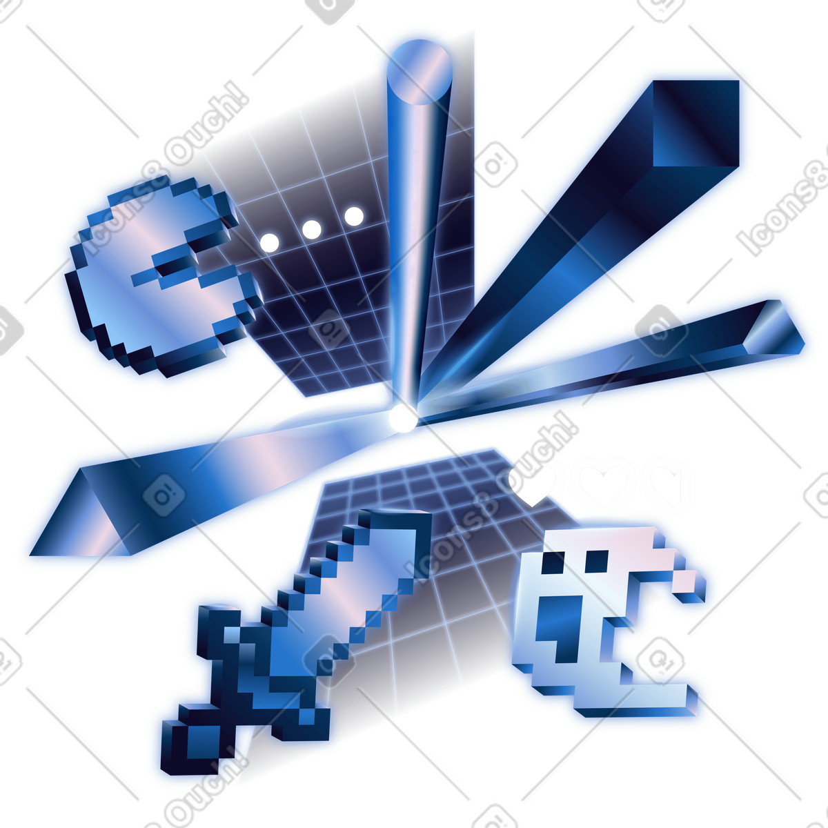 Retro gaming elements with dynamic gamification center explosion illustration in Dimension style download in PNG, SVG