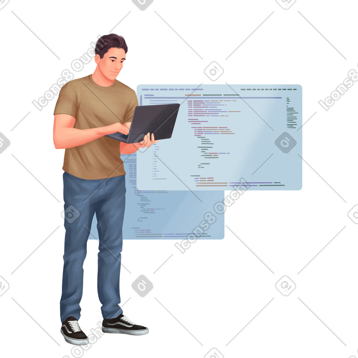 Illustration Jeune spécialiste en informatique programmant sur ordinateur portable dans le style Demure à télécharger aux formats PNG, SVG