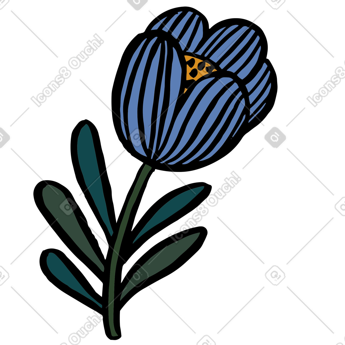 Scandi 스타일의 Blue flower with dark green leaves 일러스트레이션 PNG, SVG 다운로드