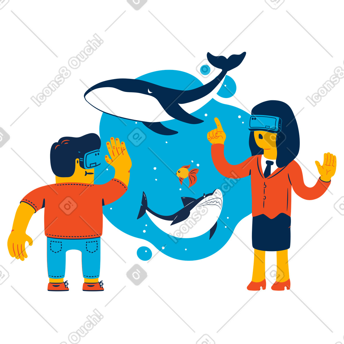 Ilustración Personas visitando un acuario en realidad virtual estilo Flame a descargar PNG y SVG