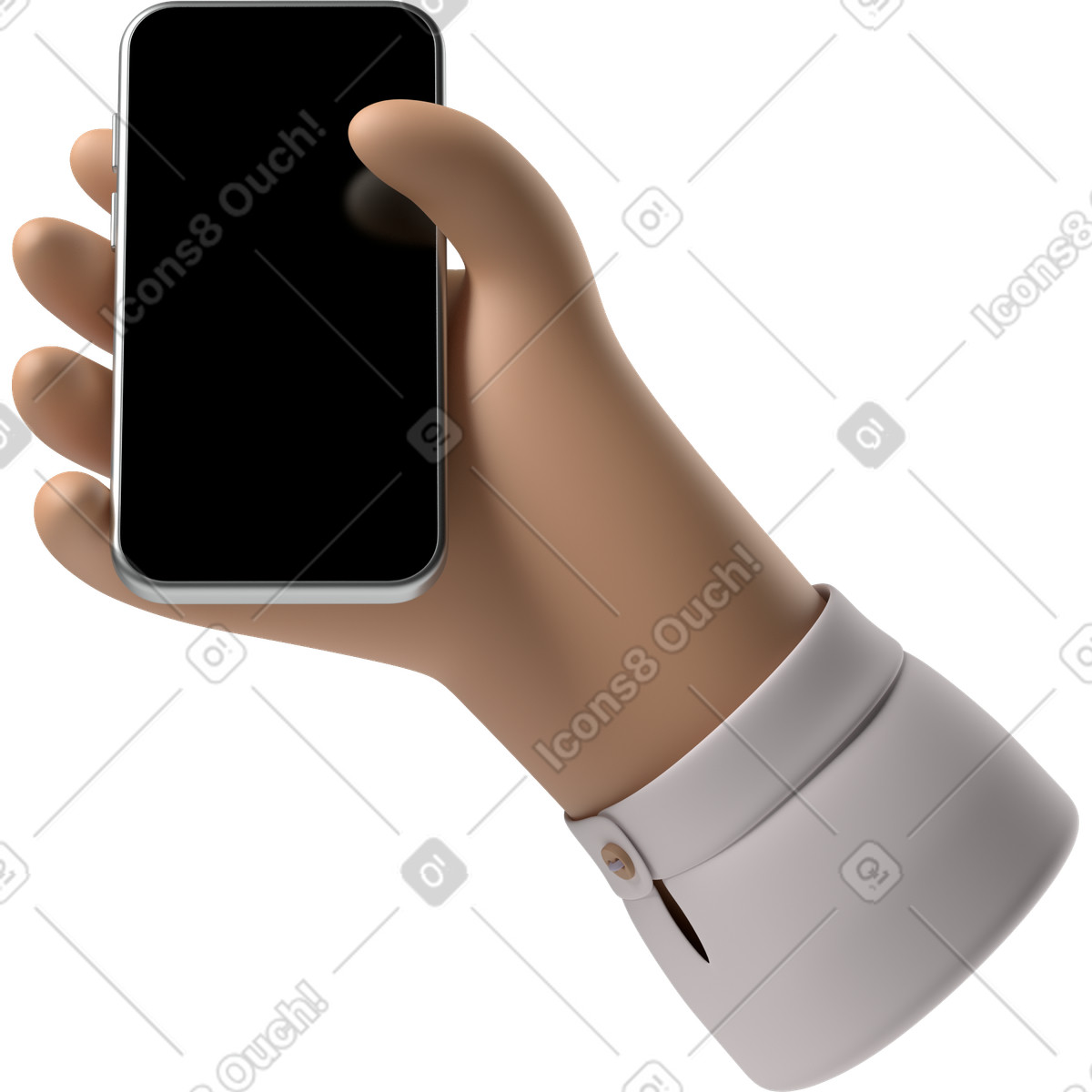 Illustration Main de peau bronzée tenant un téléphone dans le style 3D Hands Fun&Wild à télécharger aux formats PNG, SVG