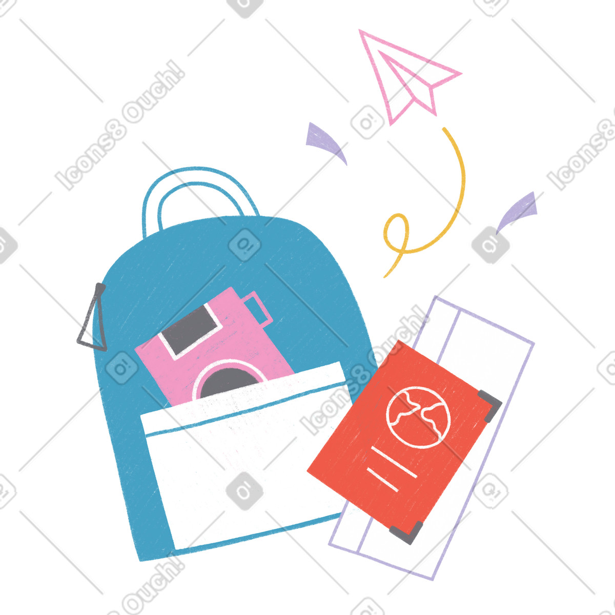 Travel backpack and passport with airplane tickets illustrazione in stile Tutti scarica in PNG, SVG