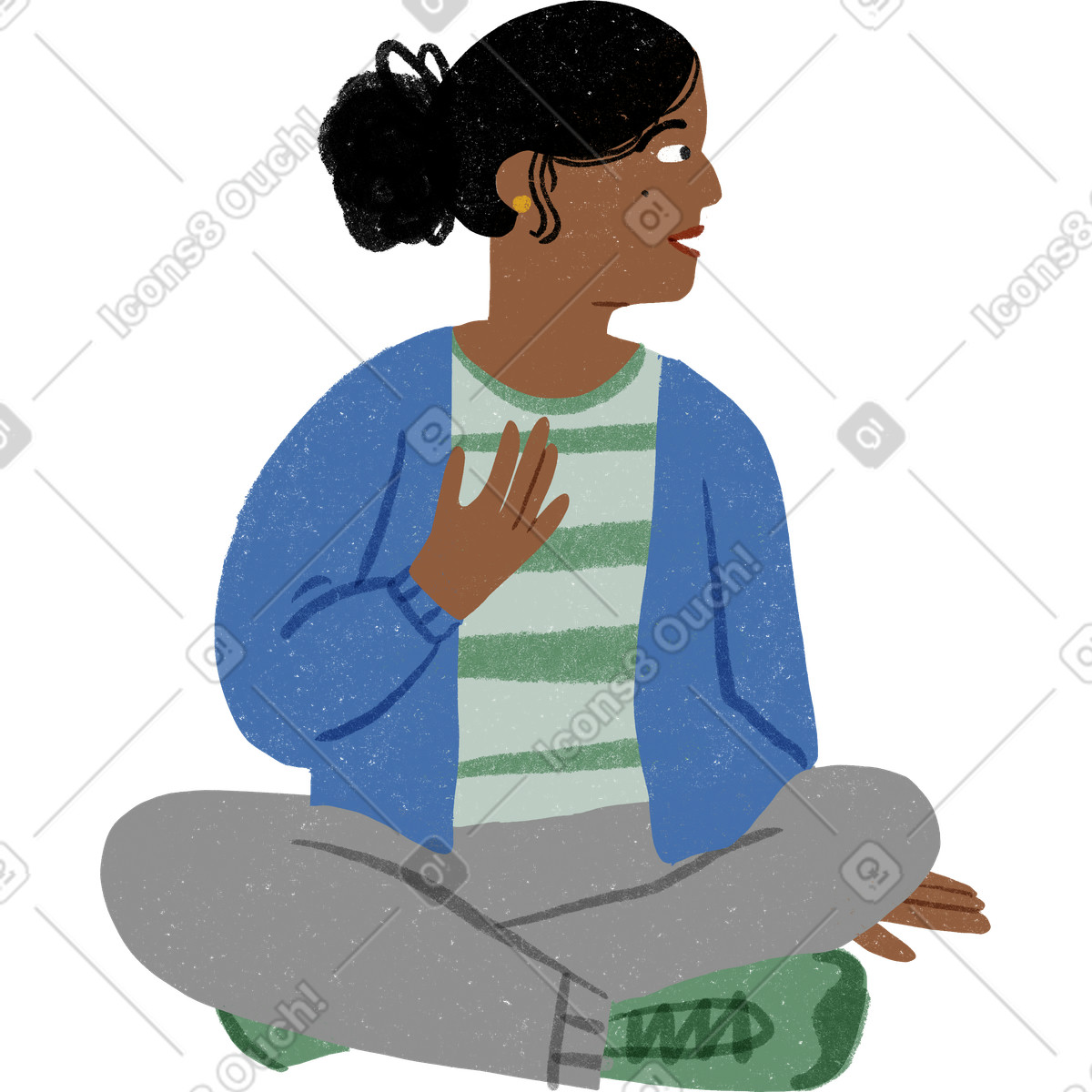 Ilustración Mujer sentada con las piernas cruzadas y hablando en estilo Public a descargar en PNG SVG