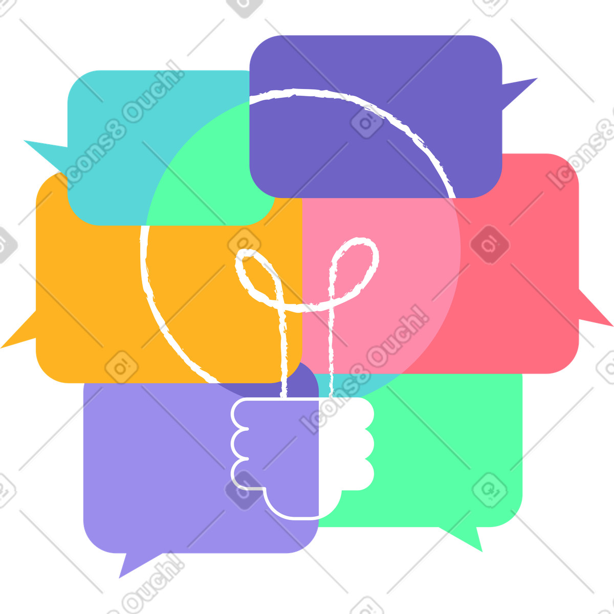 Gruppe von sprechblasen und idee glühbirne-Illustration im Bright-Stil als Download in PNG, SVG