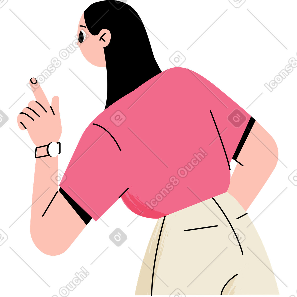Mädchen zeigt mit dem finger auf etwas-Illustration im Juicy-Stil als Download in PNG, SVG
