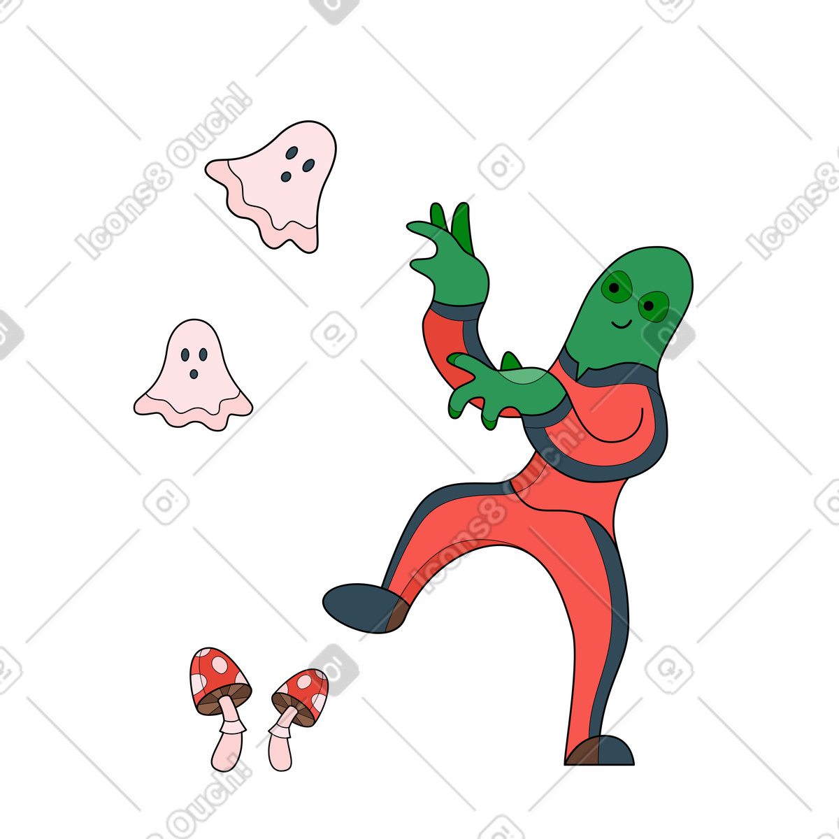 Ilustração de Fantasmas halloween e pessoa fantasiada dançando em no estilo Surr para baixar em PNG, SVG