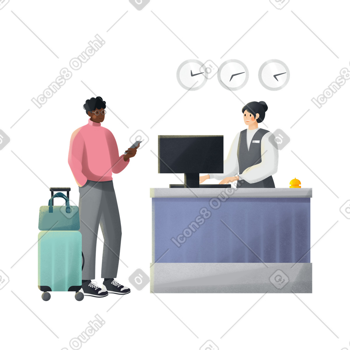 Shine スタイルの Male tourist standing near the reception desk checks into a hotel のイラストをPNG、SVG形式でダウンロード