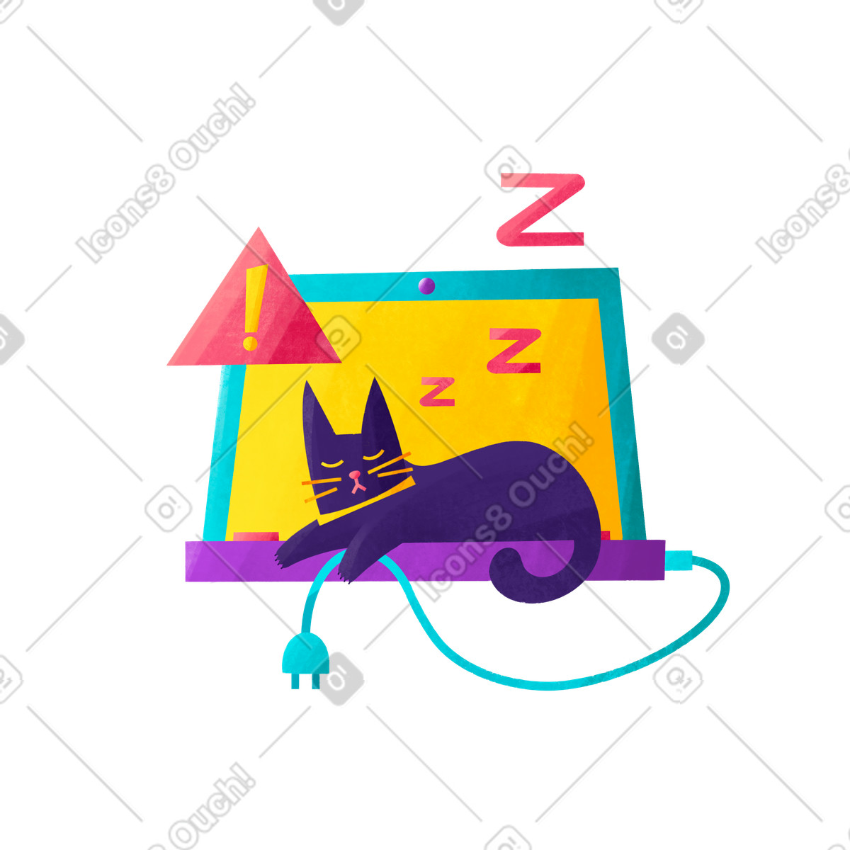 Cat sleeping on unplugged laptop, Internet disconnection warning and tech issue illustration in Bonbon style download in PNG, SVG