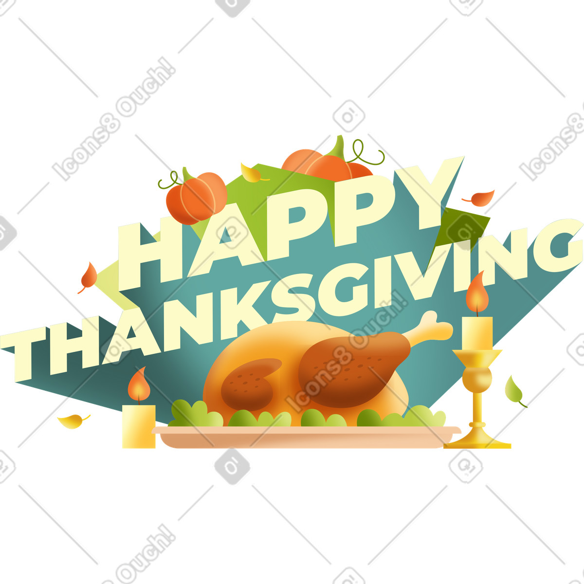 Schriftzug „happy thanksgiving“ mit kürbissen, brathähnchen und kerzentext-Illustration im Lettering-Stil als Download in PNG, SVG