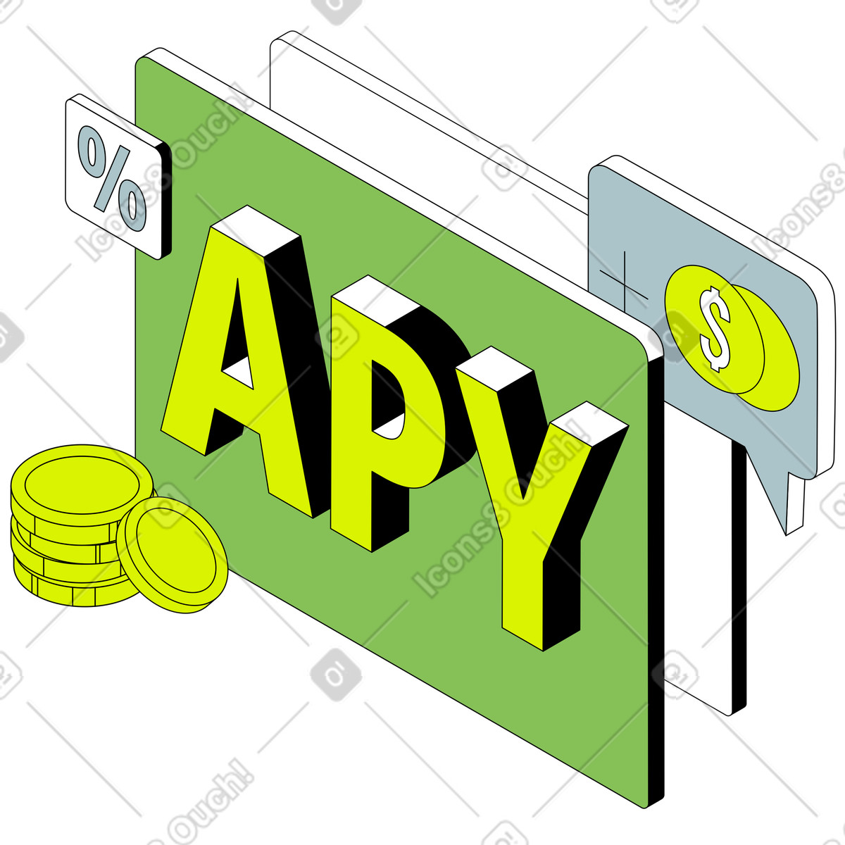 Lettering APY with coins and percent sign text illustration in Isometric style download in PNG, SVG