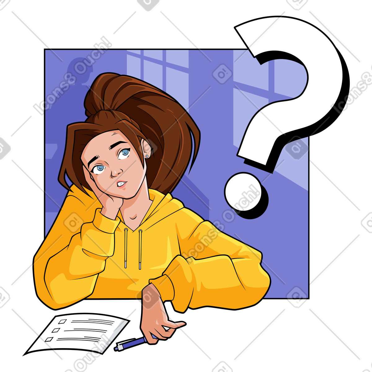 Illustration Fille assise en classe et regardant un gros point d'interrogation dans le style Experimental à télécharger aux formats PNG, SVG