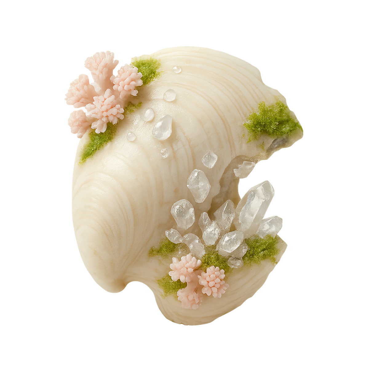 Seashell with quartz crystals and moss, Ocean fantasy concept illustration in Biomorphic style download in PNG, SVG
