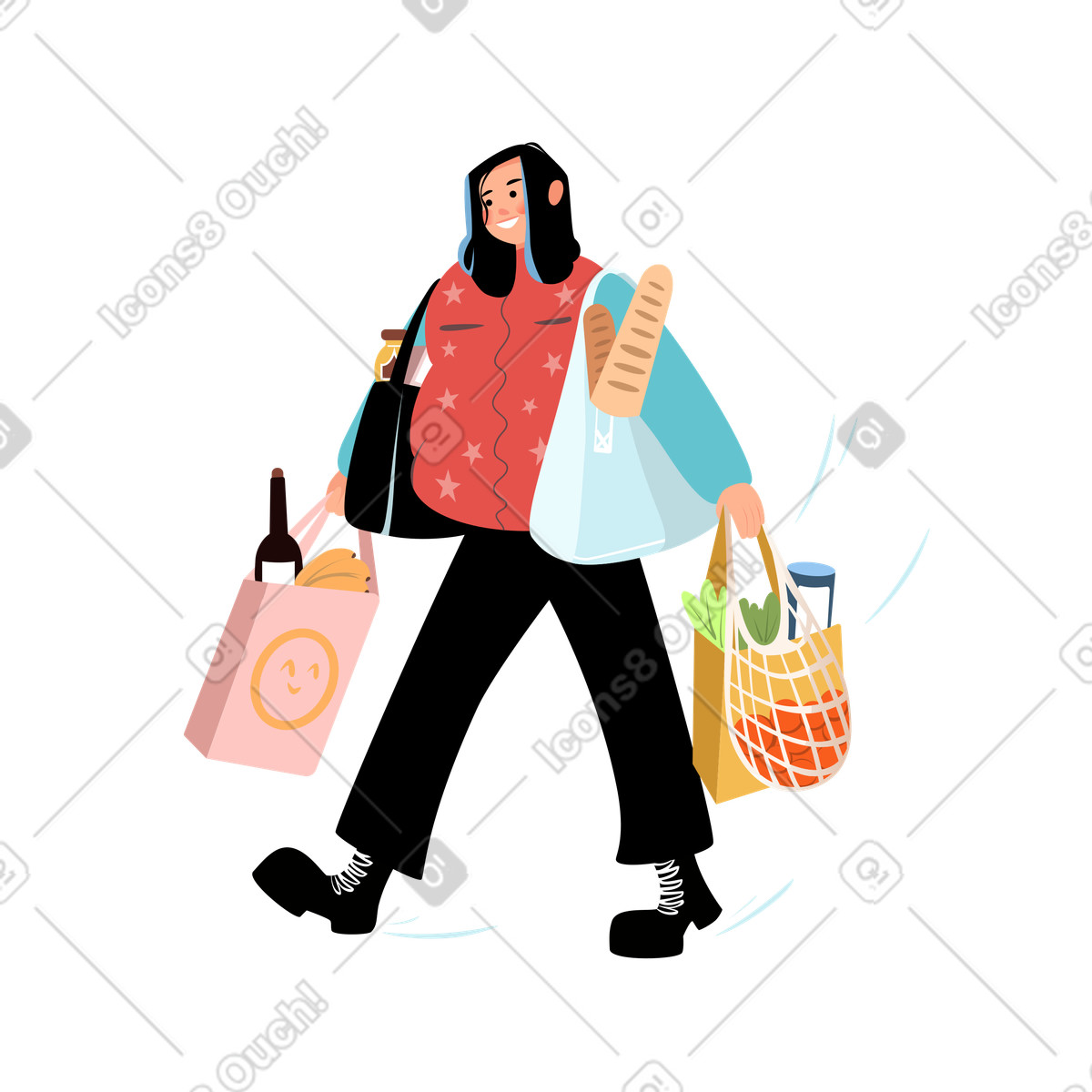 Girl with purchases going from the grocery store illustration in Lagom style download in PNG, SVG