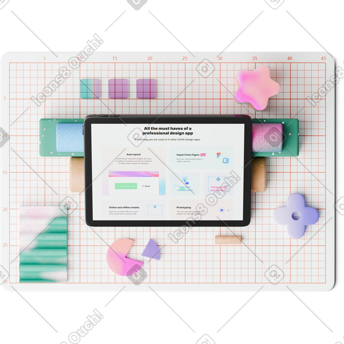 下载 3D Hygge 风格的 切割垫和切割板的顶视图 插画，支持 PNG、SVG 格式