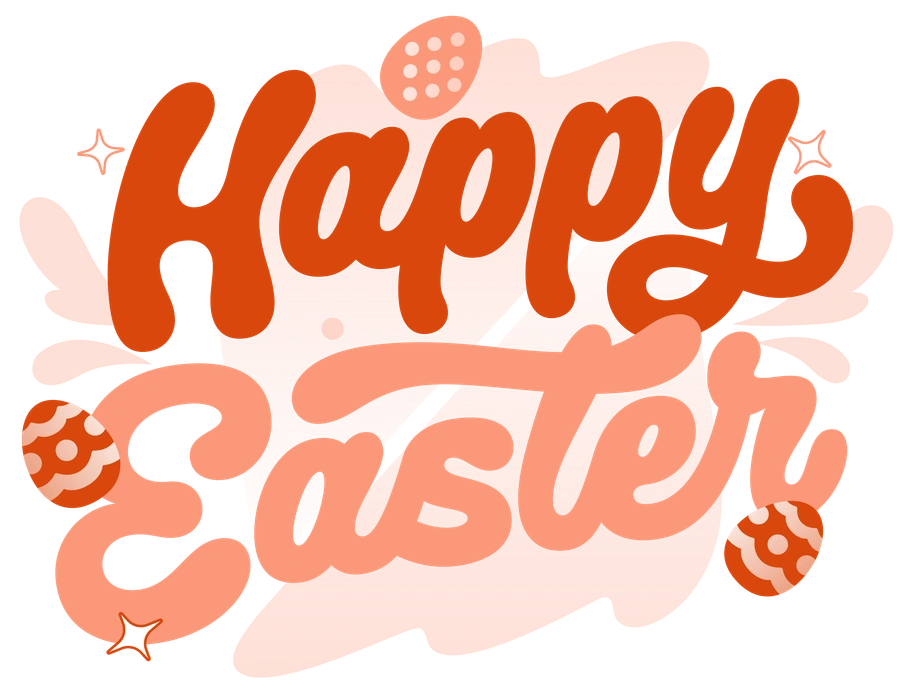 Happy Easter text with decorated eggs - Orange style illustration