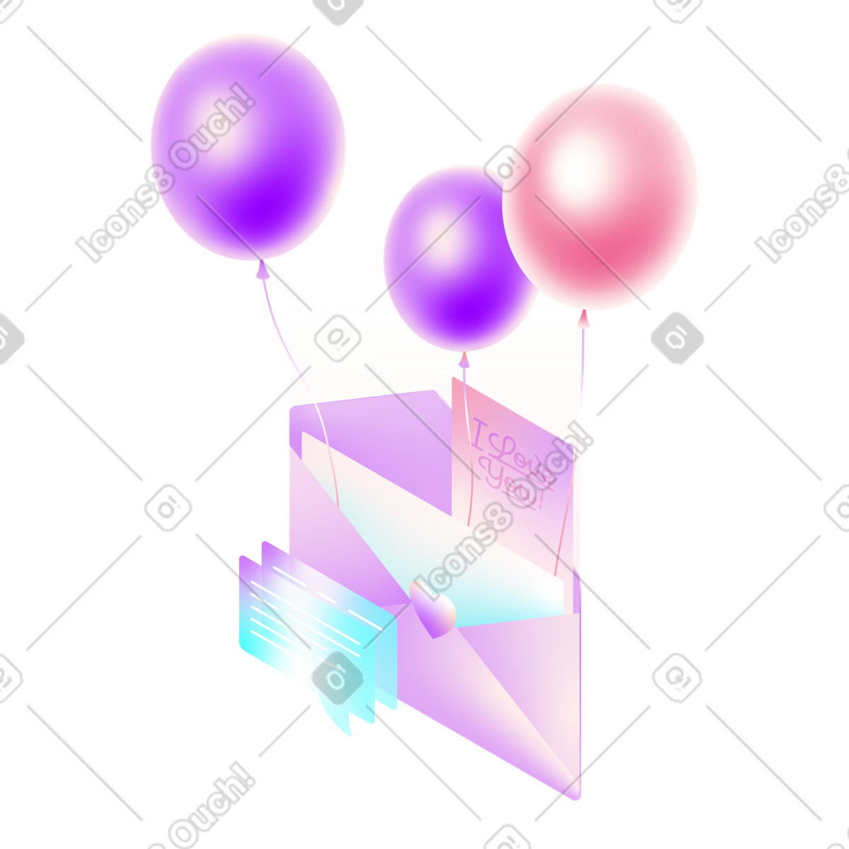 Envelope with balloons and love letter illustration in PNG, SVG