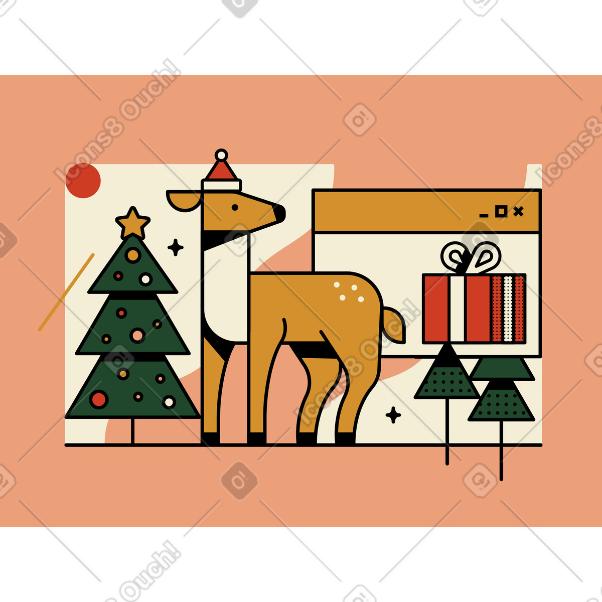 Christmas reindeer with present boxes and festive elements, Winter holiday season animated illustration in Abstract style download in GIF, Lottie (JSON), AE