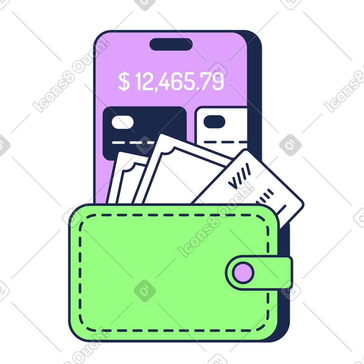 E-wallet mit kreditkarten-Illustration im Outline-Stil als Download in PNG, SVG