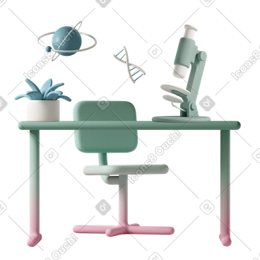 Science lab featuring chair and desk with microscope and pot plant PNG, SVG