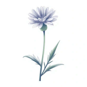 A cornflower stands tall, its petals delicately shaped and radiating outward. The flower features multiple layers of petals, each with a subtle texture. The stem is slender and green, supporting the bloom firmly. Surrounding the cornflower are a few slender green leaves, enhancing the natural presentation of the plant. The background is softly blurred, allowing the focus to remain on the cornflower.