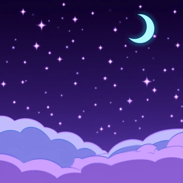 A vast night sky filled with "sparkling purple stars" scattered across the canvas. In the foreground, a "crescent moon" glows brightly, casting a soft light. The stars exhibit various sizes, some twinkling more intensely than others, creating a magical atmosphere. The colors of the sky transition from deep indigo at the top to lighter shades of lavender near the horizon. Small wisps of "clouds" drift lazily, partially illuminated by the moon's glow, enhancing the ethereal quality of the scene.