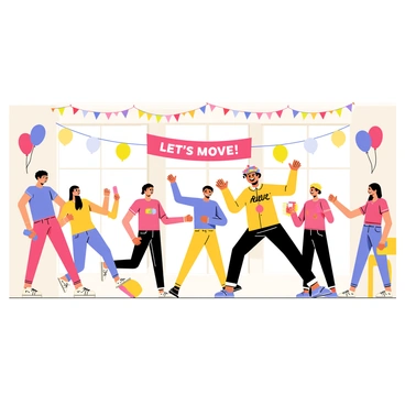 A bright indoor aerobics studio filled with colorful decorations. The walls are adorned with vibrant streamers and balloons in shades of red, blue, and yellow. Multiple individuals in various active wear are engaged in a high-energy aerobics class, performing synchronized movements. Some participants are using bright foam weights and colorful exercise mats. A large banner reading "Let's Move!" is hanging across the studio. The instructor, positioned at the front, is energetically leading the class with a big smile, wearing a festive headband.