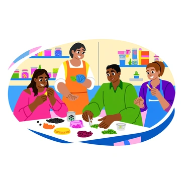 Peeps making crafts in a room filled with colorful supplies and materials