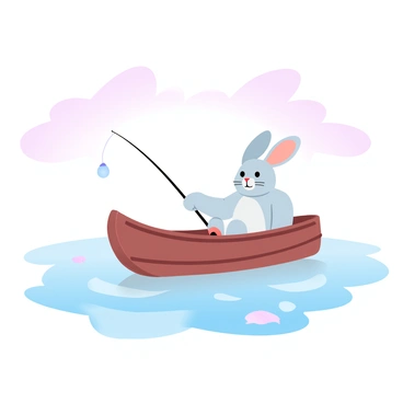 A hare is sitting on a small wooden boat in the middle of a calm lake. The boat is gently floating on the water, surrounded by soft ripples. The hare is holding a fishing rod, with a small bobber dangling in the water. In the background, the sky is painted in gradient pastel colors, transitioning from soft pink to pale blue as dawn breaks. On the lake's surface, delicate reflections of the colors appear, creating a serene atmosphere. There are a few floating lily pads nearby, adding to the peaceful scenery.