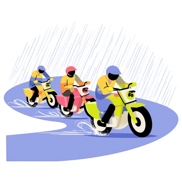 A group of motorcyclists racing down a winding road under a cloudy sky. The motorcyclists are wearing colorful helmets and protective gear, with their bikes featuring shiny chrome and vibrant paint jobs. Rain is pouring down, creating a slick surface on the asphalt. Water is splashing dramatically from the tires, forming arcs and droplets around the bikes as they maneuver through the wet conditions. The scene captures the intensity and excitement of the race amidst the rainfall.