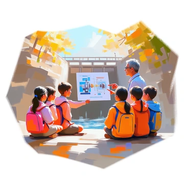 A group of schoolchildren with diverse appearances, including boys and girls of different ages, is gathered around a small hydropower plant. They are attentively listening to a knowledgeable guide, a middle-aged man with glasses and a friendly expression, who is explaining the basics of hydropower. The guide is using a colorful diagram illustrating how water is converted into electricity. Various components of the hydropower plant, such as the turbine, generator, and waterway, are visible in the background. The children are showing curiosity, pointing at the diagram and asking questions. Sunlight filters through nearby trees, creating a warm and inviting atmosphere.