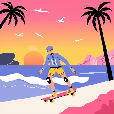 A longboarder with a helmet and knee pads is gliding smoothly along a coastal path. The path is lined with palm trees swaying gently in the breeze. The sky is awash with vibrant hues of orange, pink, and purple as the sun sets on the horizon. Waves crash gently against the rocks nearby, reflecting the warm colors of the sunset. Seagulls are flying overhead, adding movement to the serene scene. The longboarder has a focused expression, enjoying the ride against the backdrop of the stunning sunset.
