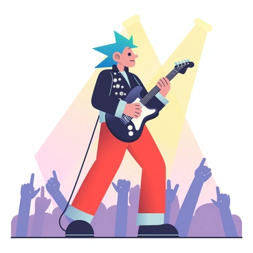 A cartoon rockstar character with spiky blue hair is standing on a stage, playing an electric guitar. The character is wearing a stylish black leather jacket adorned with silver studs and a pair of vibrant red pants. Bright spotlights are shining down from above, illuminating the rockstar in a burst of colorful light. The electric guitar is a sleek black model with a shiny finish, and the character's fingers are expertly positioned on the strings. In the background, the silhouettes of cheering fans can be seen, raising their hands in excitement.