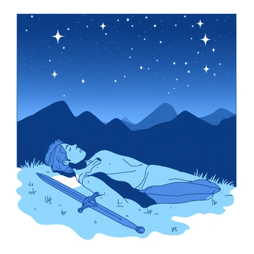 King Arthur is lying on a grassy hillside at night, surrounded by an array of twinkling stars in the sky above. His eyes are closed, and his expression is serene as he experiences a visionary dream. A soft, glowing light emanates from the ground, illuminating his face. Beside him, a majestic sword is planted in the earth, symbolizing his strength and legacy. The silhouette of distant mountains can be seen against the night sky, adding depth to the scene.
