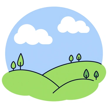Fluffy white clouds are drifting across a bright blue sky. The clouds are shaped in soft, rounded forms as they move with the wind. Below, a lush green landscape stretches out, featuring rolling hills covered in vibrant grass. Scattered throughout the scene are clusters of leafy trees, adding depth and texture to the greenery. The overall atmosphere is fresh and lively, with the clouds casting gentle shadows over the land.
