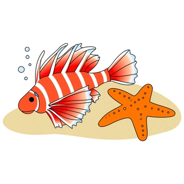 A vibrant lionfish with long, flowing fins and bold red and white stripes is resting on the sandy ocean floor. Its spines are prominently displayed, creating a striking silhouette against the surroundings. Next to the lionfish, there is a large, bright orange starfish sitting on the sand. The starfish has five arms, each covered in small bumps, and its vivid color contrasts beautifully with the softer tones of the ocean floor. Small bubbles are escaping from the lionfish, adding a sense of life to the underwater scene.