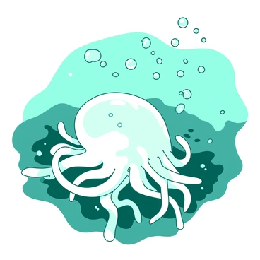 A white anemone with long, flowing tentacles is positioned prominently in the center of the image. The tentacles are gracefully undulating, creating a sense of movement in the water. Surrounding the anemone, there are numerous tiny air bubbles rising, reflecting light as they ascend. The background features a duotone composition with shades of teal and blue, enhancing the aquatic atmosphere of the scene. The overall arrangement highlights the delicate structure of the anemone and its interaction with the surrounding water.
