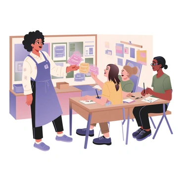 A digital flat illustration depicting a classroom filled with art students. On the left side, a student with medium skin and curly black hair is standing, smiling as they distribute colorful "refer-a-friend" coupons to their classmates. The student is wearing a blue apron over a white shirt, with paint splatters visible. Toward the center, another student with light skin and straight brown hair is seated at a table, looking excited as they receive a coupon. They are wearing glasses and a bright yellow shirt. On the right, a student with dark skin and braided hair is sketching on a notepad while glancing at the exchange, dressed in a green t-shirt. The classroom is decorated with various art supplies, including paintbrushes, canvases, and colorful posters hanging on the walls.