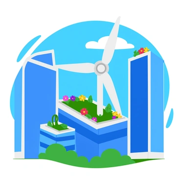 A modern city skyline featuring several tall, glass skyscrapers with sleek designs. Among them is a building showcasing a rooftop garden, filled with vibrant green plants and colorful flowers. A large, white wind turbine is prominently integrated into the rooftop garden, its blades turning gently in the breeze. The sky above is bright blue, dotted with a few fluffy white clouds, casting soft shadows on the buildings below.