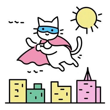 A ragdoll cat with soft fur, wearing a bright red superhero cape and a blue mask, is flying above a colorful city skyline. The skyline features various tall buildings, each painted in vibrant colors like yellow, green, and pink. The cat's paws are extended forward as it ascends into the sky, with its tail gracefully trailing behind. The sun is setting in the background, casting a warm golden light over the scene, enhancing the lively colors of the city below.