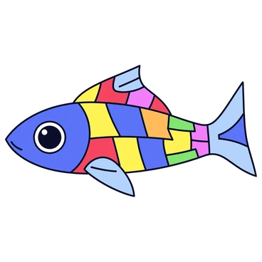 A dead fish created using a variety of colorful mosaic tiles. The fish has a curved body shape, with each tile represented in different shades of blue, red, yellow, and green. The tiles are arranged to form scales along the body and a distinct pattern on the fins. The eye of the fish is depicted with a shiny black tile, contrasting against the colorful mosaic. The fish is positioned on a light-colored surface, which highlights the vibrant colors of the mosaic tiles.