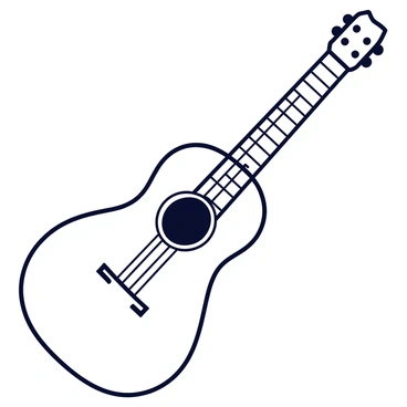 A simple illustration of a guitar using minimal lines. The guitar has an elongated body with a curved outline and a slender neck. There are six straight lines representing the strings running along the neck. The sound hole is depicted as a small circle in the center of the body.