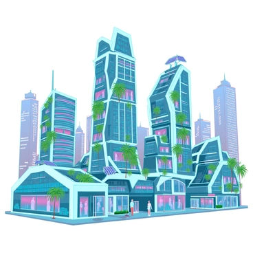 A collection of buildings made from recycled materials, showcasing inventive architectural designs in a futuristic city. Each structure has a unique shape and texture, incorporating elements like glass, metal, and wood. Some buildings feature vertical gardens with lush greenery cascading down their sides, while others are adorned with colorful mosaics and patterns. The skyline is filled with a mix of high-rise and low-rise structures, creating a dynamic urban landscape. The streets are bustling with people, and solar panels are installed on rooftops, emphasizing sustainability in this advanced setting.